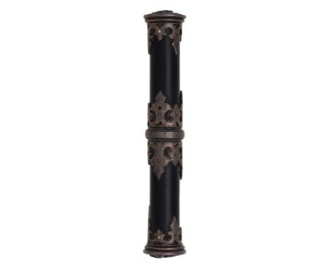 A SCOTTISH VICTORIAN SILVER MOUNTED EBONY TIPSTAFF, DATED 1856 the terminals with pierced cut card mounts, embossed with crow