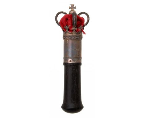A GEORGE III SILVER TIPSTAFF  with fine open crown finial, engraved E L Lacey Hermitage Stairs Wapping,  turned ebony handle,