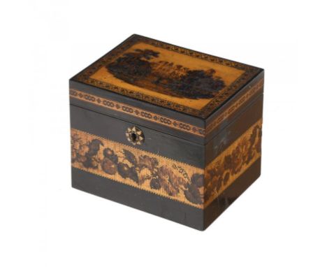 A VICTORIAN TUNBRIDGE WARE TEA CADDY, C1850  the lid with view of Hever Castle, the interior with the original cover, 14cm w 