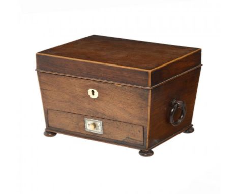 AN ENGLISH ROSEWOOD AND LINE INLAID TEA CADDY, C1830  of adapted as a jewel box and fitted with a drawer, 23cm w  ++One of th