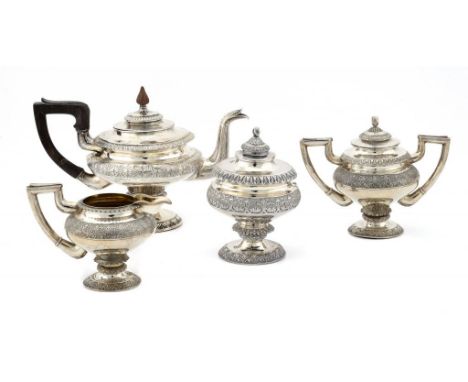 A DANISH SILVER PEDESTAL  TEAPOT  chased with foliage on matted bands,  teapot 18cm h, maker's mark, probably I I, assayer's 