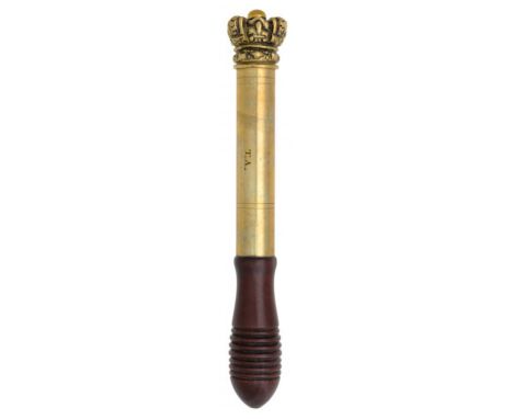 A BRITISH BRASS TIPSTAFF, FIRST HALF 19TH C with crown finial, the shaft engraved T.A., baluster turned and ribbed mahogany h