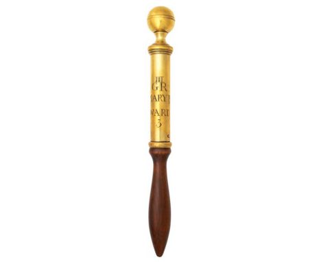 A GEORGE III BRASS TIPSTAFF   with ball finial, engraved GIIR ST MARYPORT WARD 3, baluster turned mahogany  handle, 36cm ++Go
