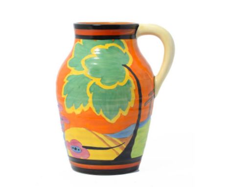 CLARICE CLIFF. AN A J WILKINSON APPLIQUÉ MONSOON LOTUS JUG, 1931 25cm h, moulded ISIS, printed mark, painted appliquè [sic] +