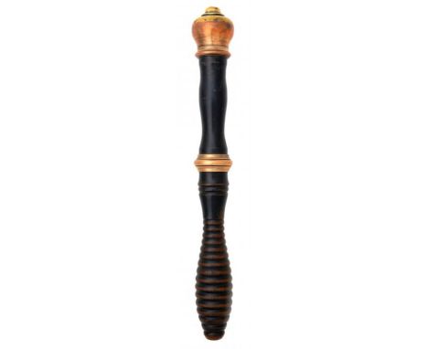 A BRASS AND BRONZE MOUNTED AND EBONISED WOOD  TIPSTAFF, EARLY 19TH C  with detachable crown shaped finial, moulded mount and 