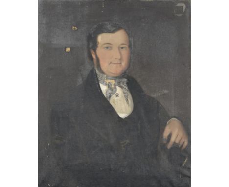 ENGLISH NAIVE ARTIST, 19TH CENTURY PORTRAIT OF A GENTLEMAN   half length in a black coat, a cigar in his left hand, 63 x 76cm
