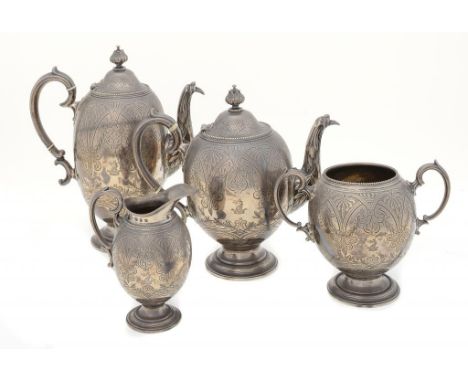 A VICTORIAN SILVER OVOID TEA AND COFFEE SERVICE  crested, coffee pot 26cm h, by Elkington & Co, Birmingham 1864, 74ozs ++In f