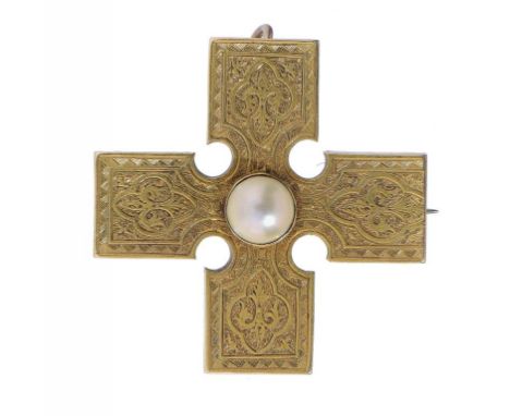 A DATED VICTORIAN GOLD AND BUTTON PEARL CELTIC CROSS BROOCH  the back engraved KILDONAN 1869, 41mm, 9.5g ++In good condition