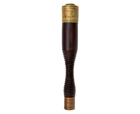 A VICTORIAN BRASS MOUNTED HARDWOOD TIPSTAFF  the ebony inset head centred by a chased medallion of crown and VR cipher, the w