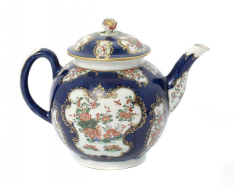 A WORCESTER GLOBULAR SCALE BLUE GROUND KAKIEMON TEAPOT AND COVER, C1770  with flower knop,  14.5cm h, underglaze blue fretted