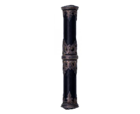 A SCOTTISH VICTORIAN SILVER MOUNTED EBONY TIPSTAFF,  DATED 1856 the terminals with cut card mounts embossed with crown, VR, m