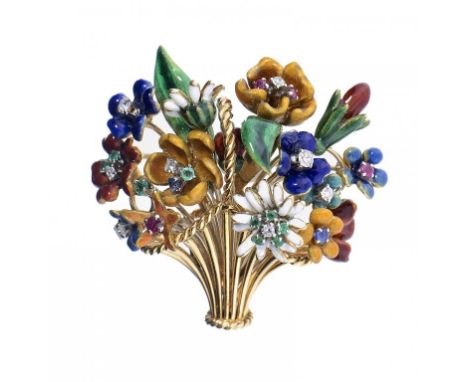 A DIAMOND, EMERALD, RUBY, SAPPHIRE AND GOLD AND ENAMEL GIARDINETTO BROOCH BY VAN CLEEF & ARPELS  36cm h, signed on pin MADE I