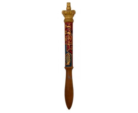 A GEORGE III CARVED AND PAINTED WOOD TIPSTAFF  with crown finial, brightly painted in polychrome with an incomplete version o