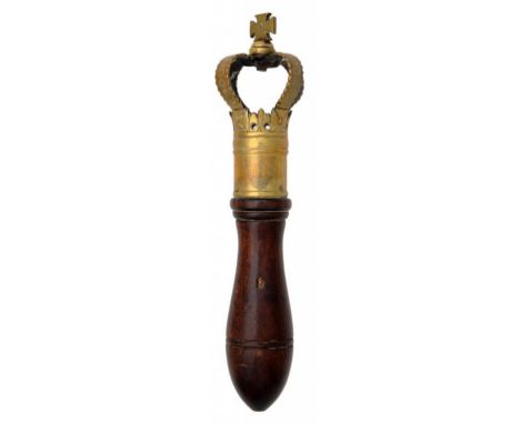 A BRASS TIPSTAFF, EARLY 19TH C  with open crown finial, the collar engraved with a shield of arms, substantial baluster turne