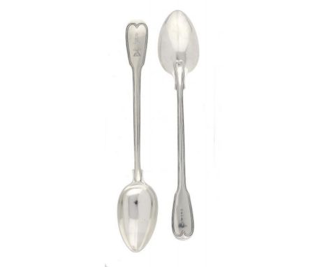 A PAIR OF GEORGE III SILVER BASTING  SPOONS BY PAUL STORR   Fiddle and Thread pattern, crested, maker's mark, London 1815, 13