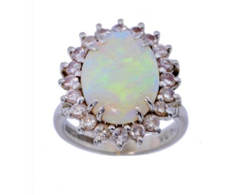 AN OPAL AND DIAMOND CLUSTER RING  in 18ct white gold, Birmingham 1976, 8.5g, size M ++In reasonably good condition, the opal 