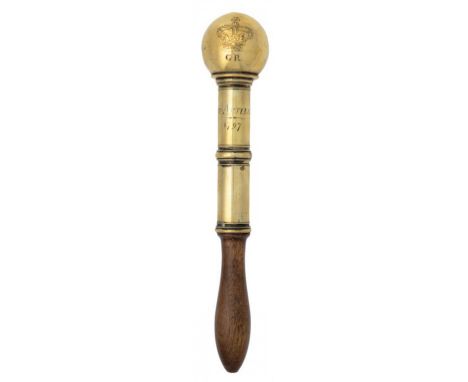 A GEORGE III BRASS TIPSTAFF, DATED 1797  with ball finial,  engraved with crown and GR HON. ARTILLERY Co 1797,  baluster turn