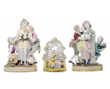 A PAIR OF MEISSEN COURTSHIP GROUPS OF THREE FIGURES, LATE 19TH C  31cm h, incised J60,   crossed swords with  wheel cut cance