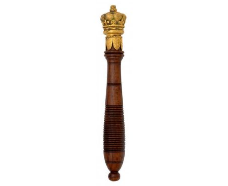 A GILT BRASS TIPSTAFF, EARLY 19TH C with crown finial and stiff leaf apron, ring turned rosewood handle 18.5cm ++In good cond