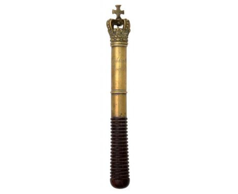 A BRASS TIPSTAFF, C1820 in three sections with open crown finial, engraved Public Office Bow St  [London], ring turned rosewo