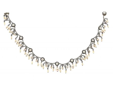 AN ANTIQUE CUT STEEL AND FAUX PEARL NECKLACE, EARLY-MID 19TH C overall length approx 400mm ++Lacking one small faux pearl, ot