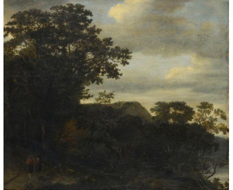 DUTCH SCHOOL, EARLY 19TH CENTURY FIGURES ON A WOODED PATH IN A MOUNTAINOUS LANDSCAPE  indistinctly signed R..., oil on canvas