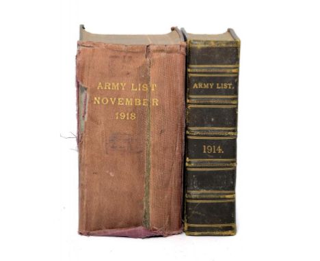 THE MONTHLY ARMY LIST FOR AUGUST 1914 AND NOVEMBER 1918  cloth, worn, War Office 1914 and 18 (2)