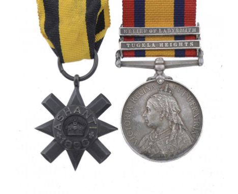 ANGLO ASHANTI WAR PAIR regimentally named Ashanti Star and Queen's South Africa Medal, two clasps Tugela Heights and Relief o