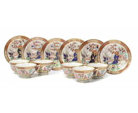 A SET OF SIX FLIGHT, BARR & BARR TEACUPS AND SAUCERS, C1815  in a Japan pattern, saucer 14.5cm diam, impressed mark  ++All in