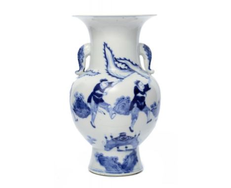 A CHINESE BLUE AND WHITE VASE,   with elephant head handles, 26cm h, Kangxi mark ++Fine condition