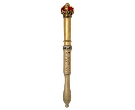 A GEORGE III BRASS TIPSTAFF  with open crown finial, engraved lengthways POLICE OFFICE WHITE CHAPEL No 3, baluster handle, 34