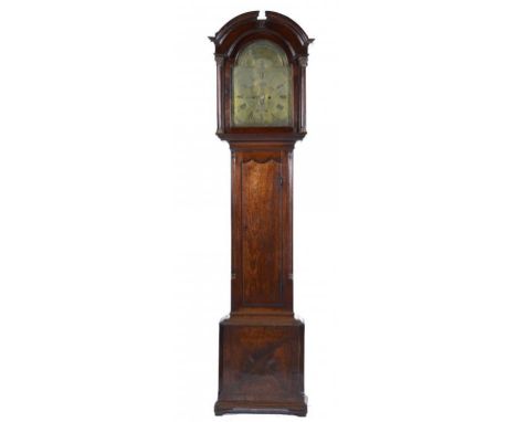 A MAHOGANY EIGHT DAY LONGCASE CLOCK, 18TH/EARLY 19TH C  the engraved brass dial with calendar work to the arch and inscribed 