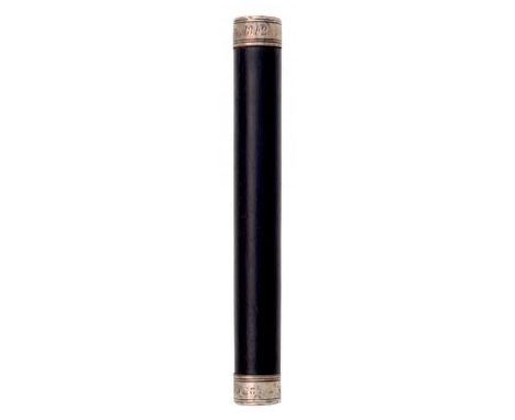 A SCOTTISH VICTORIAN SILVER MOUNTED EBONY TIPSTAFF, DATED 1842 the terminals engraved with crown,  VR and arms of Leith, insc
