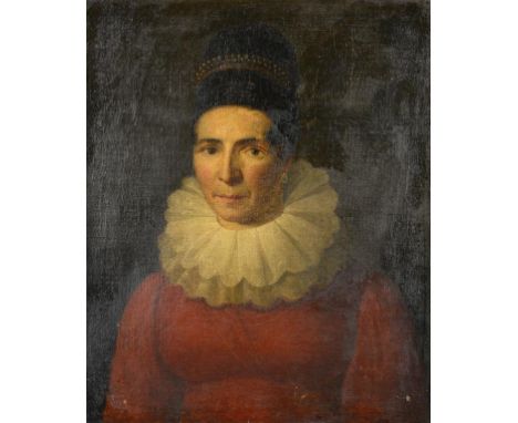 19TH CENTURY SCHOOL PORTRAIT OF A  LADY IN A RED DRESS AND DIADEM   bust length, oil on canvas, 56 x 46cm ++Lined, not at rec