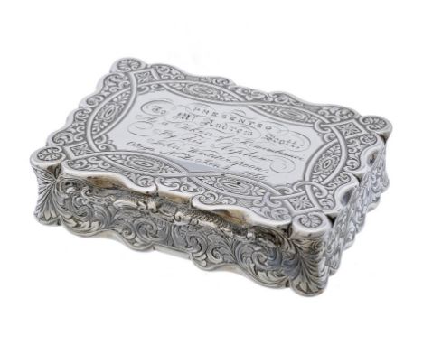 A VICTORIAN SILVER TABLE SNUFF BOX the lid engraved Presented to Mr Andrew Scott as a Token of Remembrance by his nephew John