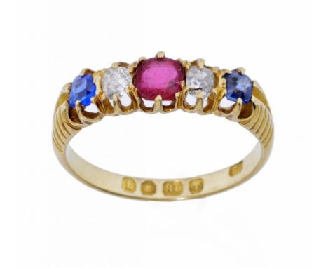 A RUBY, DIAMOND AND SAPPHIRE RING  in 18ct gold, London 1906, 4.1g, size P ++Ruby chipped, diamond with inclusions visible to