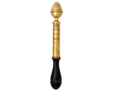 A WILLIAM IV BRASS TIPSTAFF with acorn finial, engraved crown and WIVR REVENUE POLICE BRISTOL C/6, baluster turned and ebonis