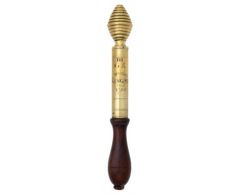 A GEORGE III BRASS TIPSTAFF, DATED 1793  with ribbed oviform finial, engraved GIIIR Wm Day RINGMER [Sussex] 1793, baluster tu