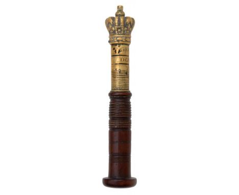 A GEORGE III BRASS TIPSTAFF, DATED 1782  with cast two piece crown finial, engraved GEO III DOVER 1782, ring turned wood hand