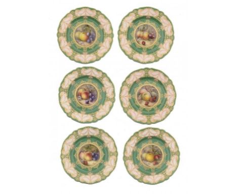 A SET OF SIX ROYAL WORCESTER DESSERT PLATES, 1912 painted by R Sebright, all signed, with fruit on a woodland bank in raised 