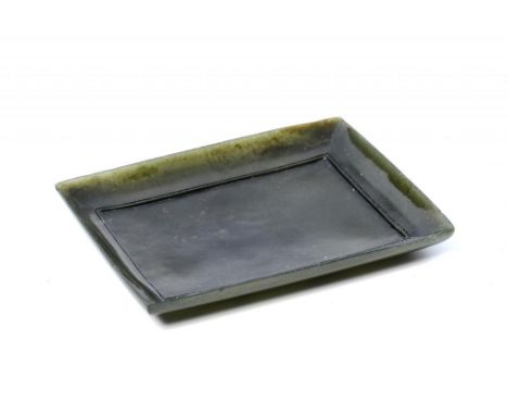 A CHINESE SPINACH JADE MINIATURE TRAY, 19TH C  with gently rounded sides, 8.5cm w ++In good condition with one or two rim nic