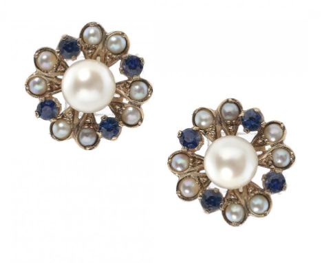 A PAIR OF CULTURED PEARL, SAPPHIRE AND GOLD EARRINGS IN THE FORM OF A FLOWER 3.9g  ++In fine condition