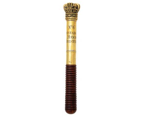 A BRASS TIPSTAFF, EARLY 19TH C  with crown finial, engraved  No 6  CONSTABLE of the  HUNDRED of  CHESTER, ring turned rosewoo