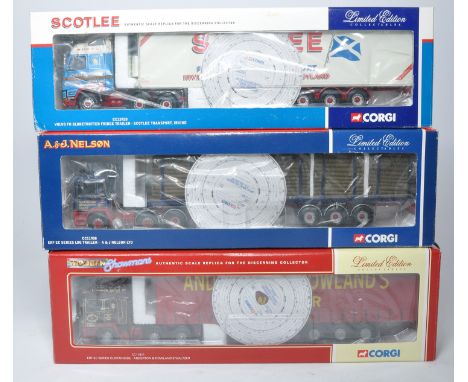 Corgi 1/50 diecast model truck trio comprising tractor trailer combinations in liveries of Scotlee, Nelson and Anderton &amp;