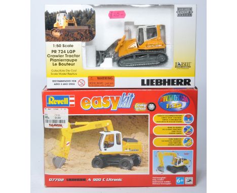 Duo of construction themed models to include snap-fit unmade Revell plastic Liebherr Excavator (1/32) plus Norscot Liebherr P