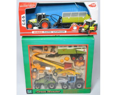 Hongwell 1/32 plastic farm model issue comprising Tractor and Implement Set plus Dickie Toys Tractor Set. Appear good to exce