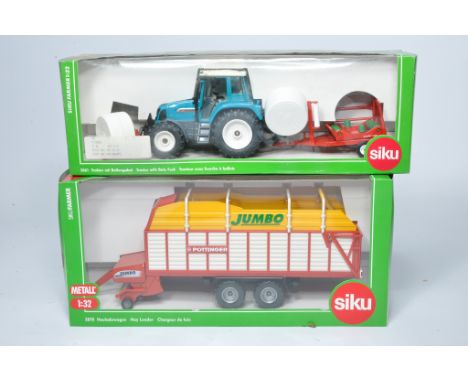 Siku 1/32 diecast farm model issues comprising Fendt Tractor Bale Wrapper Set and Pottinger Silage Wagon. Both look to be exc