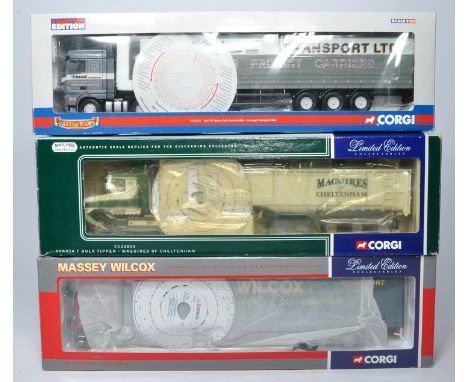 Corgi 1/50 diecast model truck trio comprising tractor trailer combinations in liveries of Maguires, Ramage and Massey Wilcox