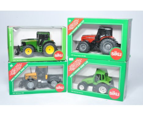 A group of four boxed Siku 1/32 diecast farm model issues including JCB, John Deere, MF and Deutz tractors. In original boxes