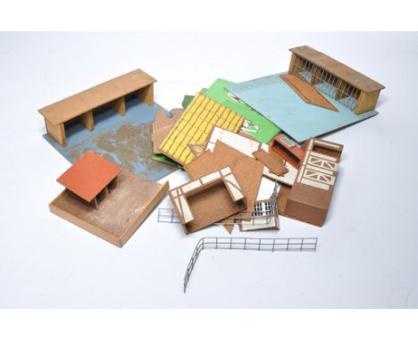 A group of vintage wooden farm related buildings, one marked Longacre Farm. 